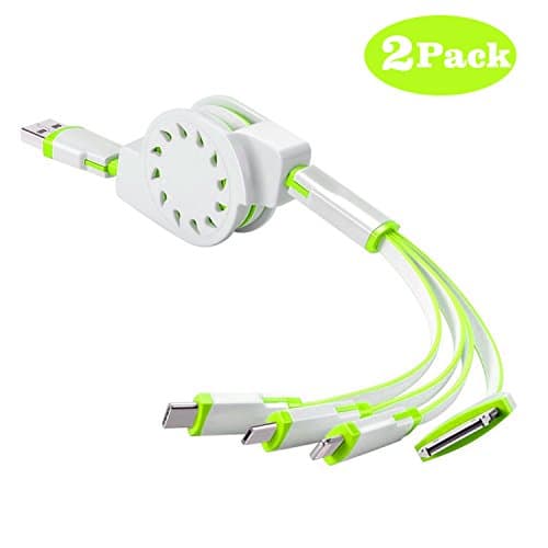 (2 Pack)Multi Charger,ANSOTT(3.3ft)Retracrable 4 in 1 Multifunctional USB Cable Adapter Connector with Type C/Micro USB/8 Pin Lighting/30 Pin for iPad,iPhone 7 Plus,Andriod,and More(Green+White)