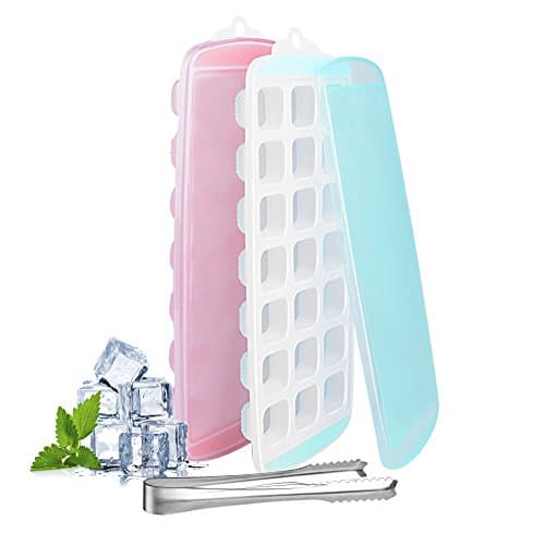 Ice Cube Tray with Lids - Easy Release Silicone Flexible Ice Trays with Spill Resistant Removable Lid, 21 Ice Cube Molds Jelly Pudding Maker Mold(2 Pack, Pink/Green) LFGB Certified &amp; BPA Free