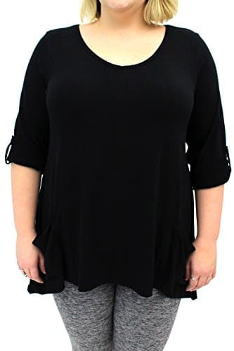 Isabella Rodriguez - Plus Size Roll Tab Sleeve Swing Tunic Top - Black 1X