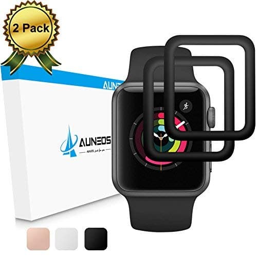 Apple Watch Screen Protector [Series 3/2] AUNEOS Edge Curved Tempered Glass for Apple Watch 38mm Series 3 [2 Pack] Full Coverage Glass Protector for Apple Watch 3/2 (38mm, Black)
