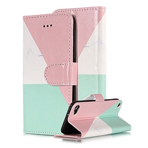 Marble Wallet Case for iPod Touch 5th/6th Generation,Card Holder Wallet for Women,Areall Colorful Hybrid Flip Folio Kickstand Shockproof Full Protective Phone Cover for iPod Touch 5,Pink White Blue