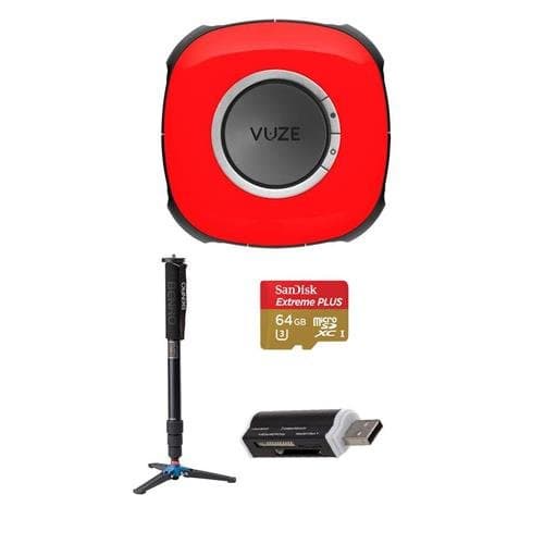 Vuze 3D 360 Spherical VR 4K Camera (Red) - Bundle with Benro A38FD 4 Section Aluminum Monopod, 64GB MicroSDXC Card, Card Reader
