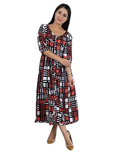 Anuthi Rayon Pleated Flared Pattern Calf Long Kurti with Half Rolled Up Sleeves and Button Highlighters for Women and Girls - Printed