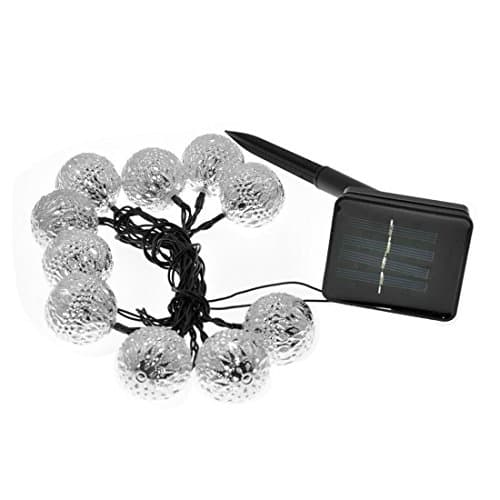 Oweisong Iron Solid Steel 3.5M 11ft Solar Powered LED String Lights, Novelty Strip 10 LEDs Moroccan Ball, Holiday Lantern, Fairy Lights For Outdoor Events, Gardens, Christmas Party, Silvery Daylight