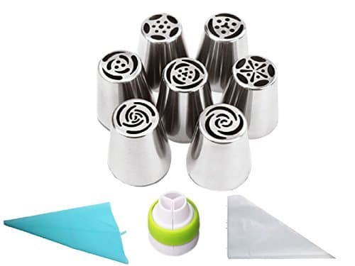 19pcs/set Russian Piping Tips:7 Russian Tips +1 Tri-color Coupler +1 Reusable Silicone bag +10 Disposable Pastry Bags / Large Size Icing Piping Nozzle Tips Set by Cutie Cakes