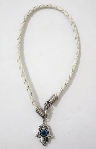 "Lucky" HAMSA White String Kabbalah Bracelet with Braided String and Rotating "Evil Eye" Hamsa Hand - Jewish Judaica Amulet Pendant Jewelry