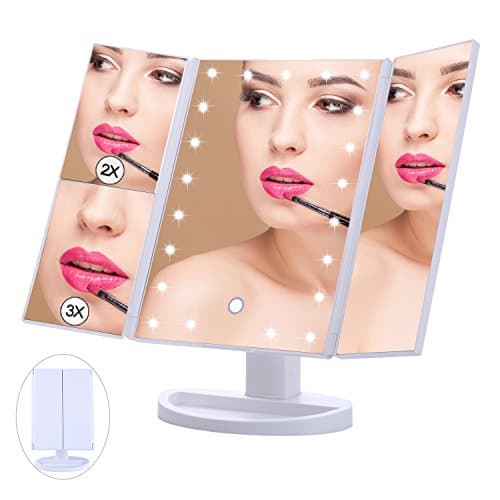 EMOCCI Lighted Vanity Mirror Makeup Tri-fold Mirrors with 2X 3X Magnification 21 LED Lights Touch Screen 180 Degree Rotation USB Charging for Countertop Bathroom Travel Make Up(White)