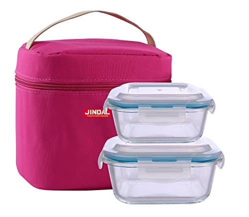 Jindal Microwaveable Borosilicate Glass Square Container S/2 520 &amp; 800 Ml W/Lid &amp; Pink Lunch Bag