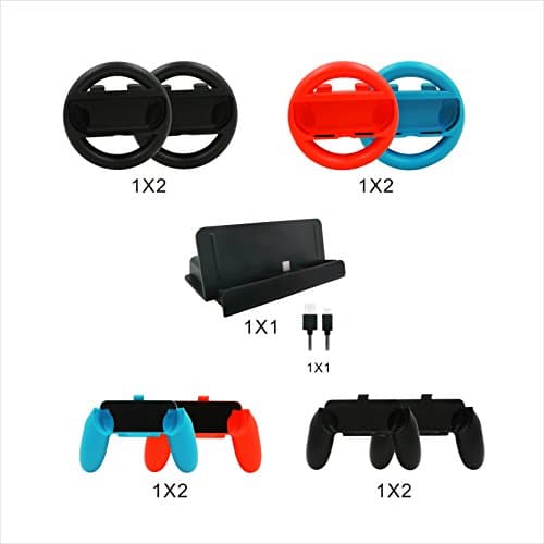 Nintendo Switch Accessories Valuable Kit,4 Pack Joy-Con Handle Grips 2 Black+Blue&amp;Red and 4 Pack Steering Wheel Controllers 2 Black + Blue&amp;Red and Charging Stand Dock Mount Holder,4 Pack Thumb Grip