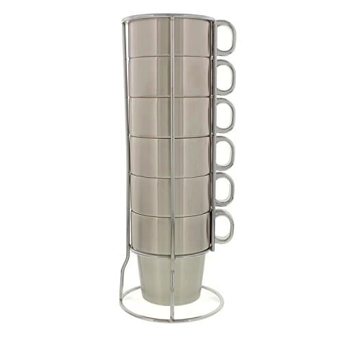 Cheftor 6 Pieces Stackable Brushed Stainless Steel Coffee Cups, Mugs, Tea Cups, Double Layer Heat Insulated Cups and Metal Wire Stand for Home and Office