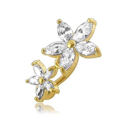 14K Solid Yellow Gold Double Flower Dangling with CZ Stone Revers Bar Belly Ring