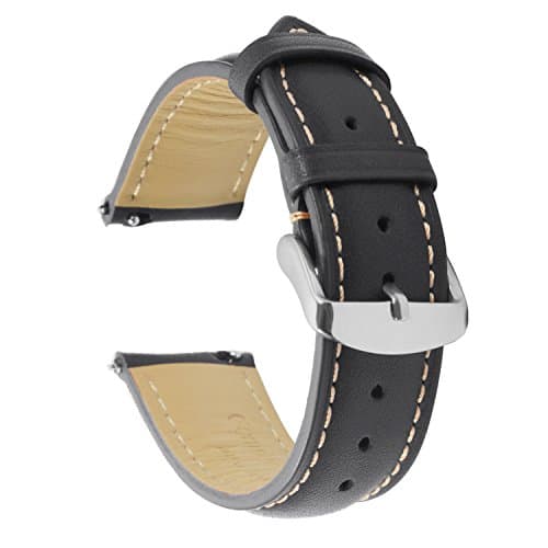 Quick Release Watch Band 20mm Leather Black Replacement Watch Strap Genuine Polished Watch Clasp Buckle Padded Super Soft (18mm 20mm 22mm)