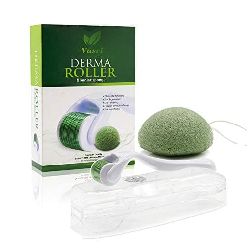 Derma Roller .25mm 540 Titanium Micro Needles Face Roller + Korean Konjac Sponge All-Natural with Activated Bamboo Charcoal Exfoliating Micro Needling Face Kit by Vasci | Includes Storage Case