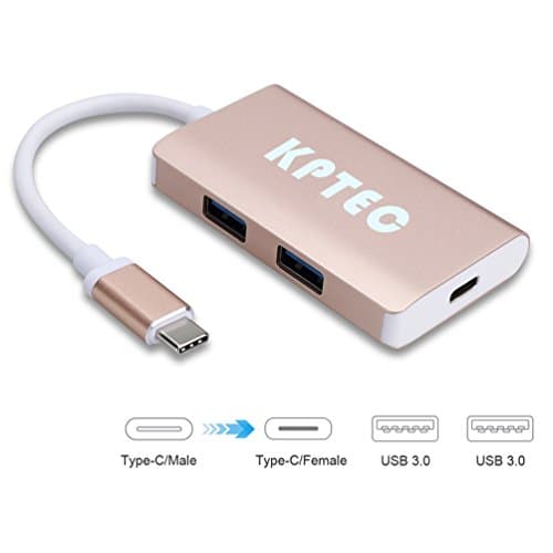 KPTEC USB Type C to 2-Port USB 3.0 Hub with Type C Charging and Sync Adapter for Apple New MacBook and ChromeBook Piexl 2015 - Gold