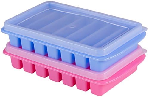 Polar Vortex Mini Ice Cube Trays + Lids - Water Bottles, Dorm Fridge, RVs, Campers and Truckers - No Spill Cover - Stackable (Blue &amp; Pink)