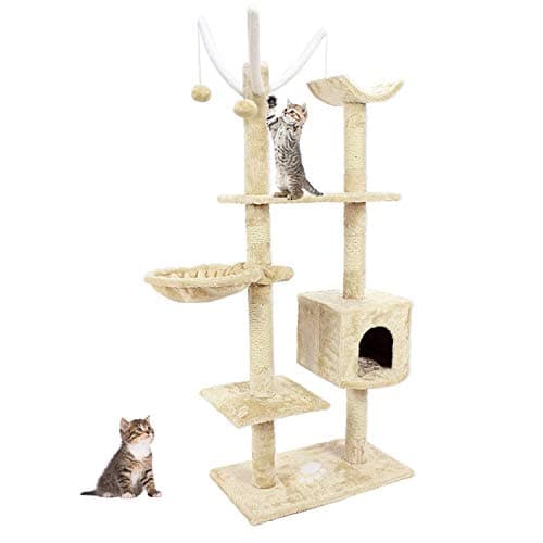 Blackpoolaluk Multi Cat Tree Stable Cat Scratch Posts Function Cat Climbing Tower Toys with Cat Home for Indoor/Outdoor Cats Activity (150cm(Yellow&Beige))