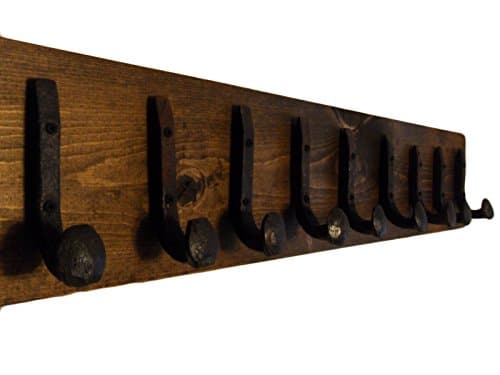 Heavy Duty Coat Hat Robe Tool Towel Hook Rail Rack Wall Mount Storage Display Rustic Holder Architectural Reclaimed Organizer Kitchen Bathroom Foyer Bedroom Closet Garden Garage Accessory Wooden Antique Vintage Metal (Dark Walnut and Antique Iron, 36" Rack Rail with 9 Railroad Spike Hooks)