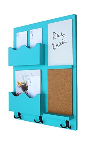 Legacy Studio Decor Mail Organizer Cork Board White Board Coat Hooks Key Hooks Double Mail Slots (Smooth, Turquoise)