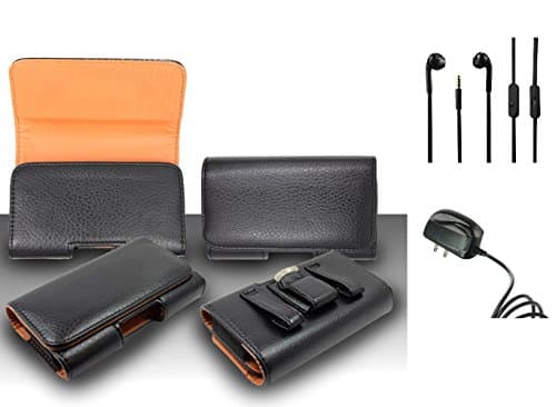 Pouch Case For HTC One M8 - Premium Classic Black Pebble Texture Leather Design Horizontal Leather Belt Case Clip Holster Pouch Cover Case (Fit for Single Phone With Thin Case or Back Cover Together) + Travel (Wall) Charger + 3.5MM Stereo Earphones