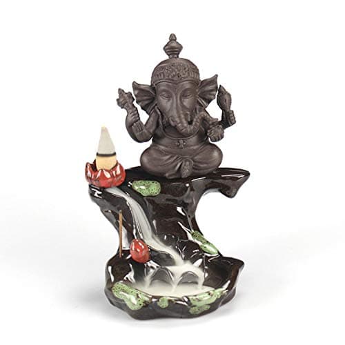 LLFS Incense Holder Ceramics Backflow Incense Burner Cone Incense Burner Backflow Smoke Holder (Ganesha with Lotus Leaf)