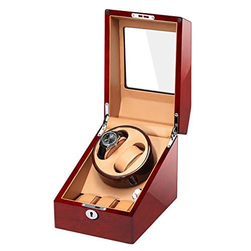 MIRANQAN Luxury Automatic Display Box Case 8+9 Watch Winder - 4 Mode Timer Function 114% Handmade [Wood Shell + Leather Pillow + Piano Paint + Tempered Glass +Lock & Key ]