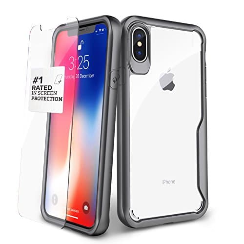 iPhone X Clear Case - with FREE Screen Protector | TPU Bumper+Scratch Resistant | Wireless Charger Compatible | Military Grade Drop Tested | Hard Back Panel Cover for iPhone X Case (Grey)