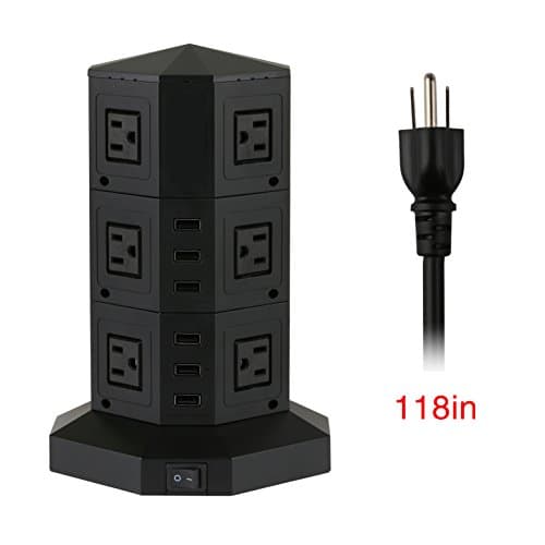 Tower USB Surge Protector Power Strip with 12 AC Outlets and 6 ports USB Chargers Black Jiachan