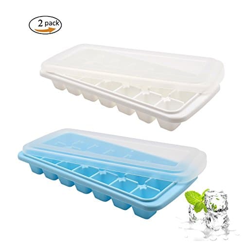 Ice Cube Trays 2 Pack -Flexible Release Plastic Ice Tray with Lids, Food Grade Safe &amp; BPA Free Ice Cube Mold Storage Containers for Cocktail, Whiskey, Juice and More (White &amp; Blue)