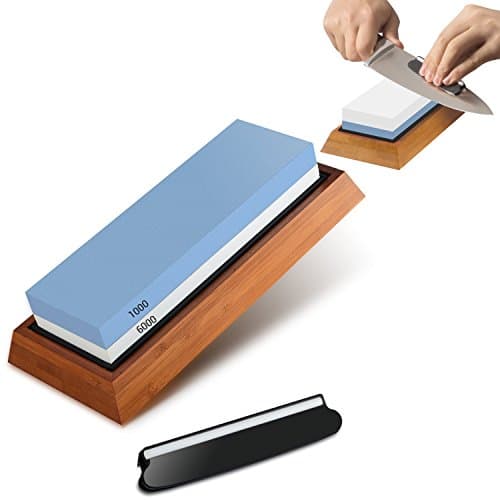 Knife Sharpener Stone Combination with Double-Sided 1000/6000 Grit Knife Sharpening Stone Kit for Kitchen Outdoor Knives Whetstone with Non-Slip Rubber Bamboo Base Angle Blade Guide &amp; Flattening Stone