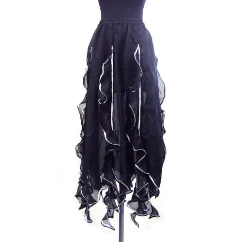 Performance Belly Dance Tango Salsa Long Chiffon Sequin Edge Ruffle Skirt - BLACK