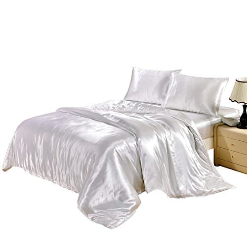 DuShow Satin Silk Duvet Cover Set Queen White Solid 3 Pieces Bedding Cover Set 1 Duvet Cover and 2 Pillowcases Soft High Thread Count Comforter Cover Set with Zipper Closure(Queen,White)