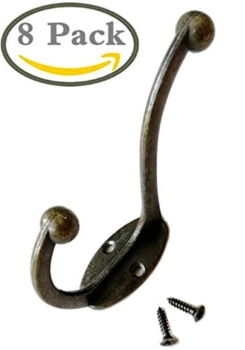 8 Pieces Heavy Duty Coat Hooks Wall Mounted 35 LB Utility Hooks Heavy Duty Cup Metal Hooks Dual Robe Hook Rustic Hooks Retro Double Hooks Coat Hanger and 18 Pieces Screws Bronze Color
