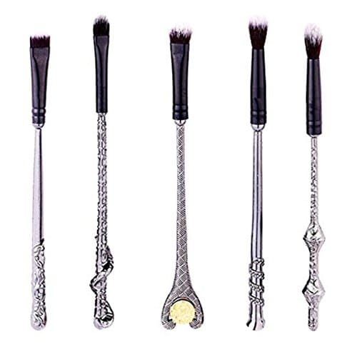 5pcs Metal Magic Wizard Wand Makeup Brushes Set for Potter Fans, Foundation Blending Concealer Eye Shadow Eyebrow Synthetic Fiber Bristles Brush, Black