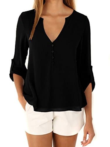 MUZOOE Women's V-Neck Button Detail Dip Back Solid Blouse Top (Small/US 6, Black)
