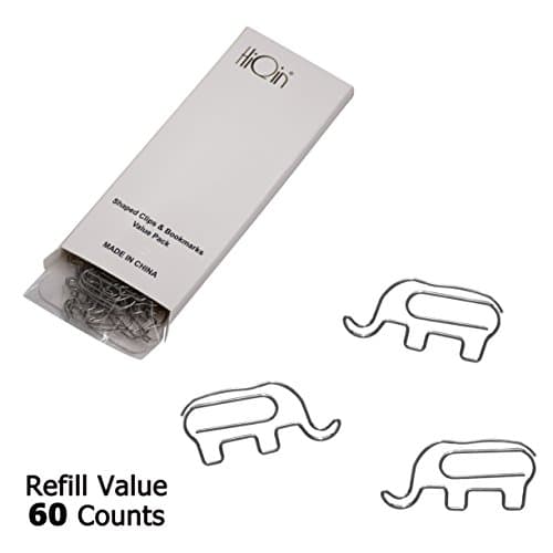Cute Elephant Shaped Paper Clips Bookmarks (60 Counts Refill Pack) - Funny Office Supplies Gift Ideas