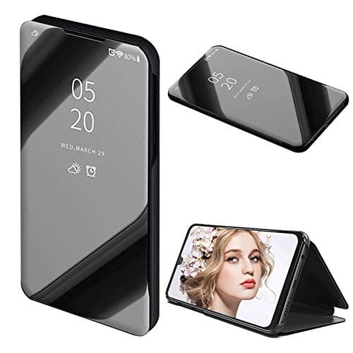 Clear Window View Case for Huawei P30 Lite,Mirror Plated Flip Stand Leather Phone Case for Huawei P30 Lite,Moiky Luxury Noble Black Mirror Metal Electroplated Magnetic Closure Cover
