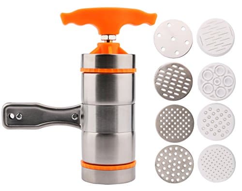 Katkitchen Noodle Pasta Press Maker Machine Hand Crank Cutter with Orange Handle, Manual Fruits Juicer Cookware with 9 Pressing Moulds for Making Spaghetti Fettuccine Noodle