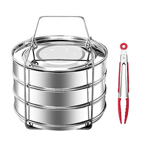 KINDEN Pressure Cooker Accessories Stackable Stainless Steel 3 Tier Insert Pans Pot for 5,6,8QT with Food Tong
