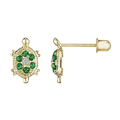 14kt Solid Gold Kids Turtle Stud Screwback Earrings - Emerald Green