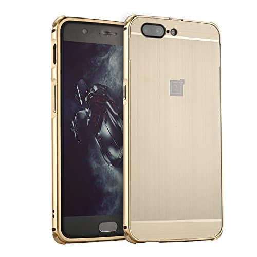 Honghushop 2 IN 1 Brushed Panel Plastic Case for OnePlus 5 Gold Full Protective Case Metal Frame + Plastic Back Cover Ultra Slim Fit Rigid Grip Case Tough Skin Four Corner Bumper Design [Drop Protection/Shock Absorption Technology] Raised Bezels Protective Cover For OnePlus 5(2017)