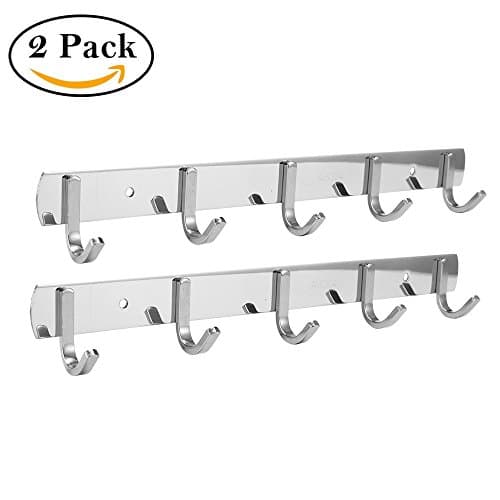 2 Packs,Efaithtek Wall Mounted Coat Hook Rail 14.3-Inch SUS304 Stainless Steel Coat Bath Towel Hook Hanger with 5 Hooks，Mirror finish