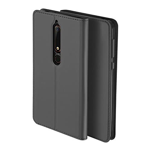 Nokia 6.1 Case,Nokia 6 2018 Case,Slim PU Leather Folio Flip Case Clear Soft TPU Cover Kickstand Full Body Protective Cover with Screen Protector for Nokia 6.1 (Gray, Nokia 6.1)