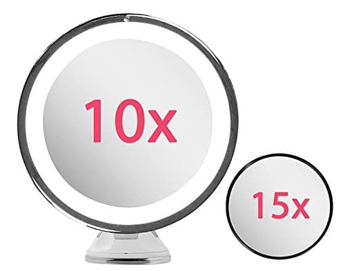 Lighted Makeup Mirror 10X Magnifying with True Daylight LED - Mount or Table Top - Touch + Dim - Cordless Home or Travel Vanity Bathroom Set w/ Bonus 15X Magnification Mirror &amp; Microfiber Cloth