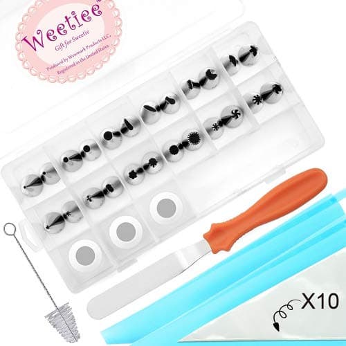 Piping Icing Tips 42PC Weetiee Cake Decorating Kit with Storage Case, Piping Nozzles Numbered, Couplers, Icing Spatula, 12 Pastry Bags, Cleaning Brush, Baking Supplies for Cookies - Best Kitchen Gift