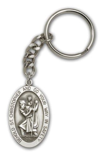 Religious Keychains - Antique Finish Silver Saint Christopher Keychain fully engravable