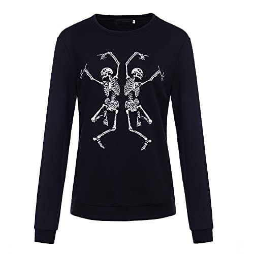Bangerdei Women's Two Dancing Skeletons Printed Pullover Sweatshirt Blouse Black M
