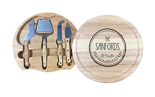 The Smart Baker Custom, Personalized Cheese Board Set. Includes Cheese Plane, Spreader, Curved Knife with Dual Pronged Tip, Sharp Cheese Knife and Swivel Style Board with Laser Etch Engraving