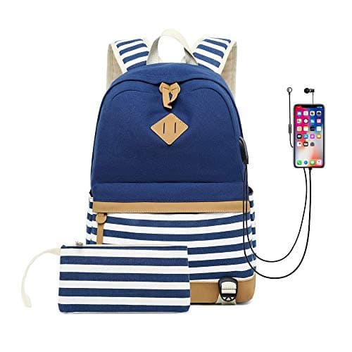 School Backpack, Laptop Backpack 15.6 Inch, Canvas Backpack School Bags Set for Teens Girls School Backpack with USB Port and Earphone Port, Water Resistant College School Bag (blue-1)