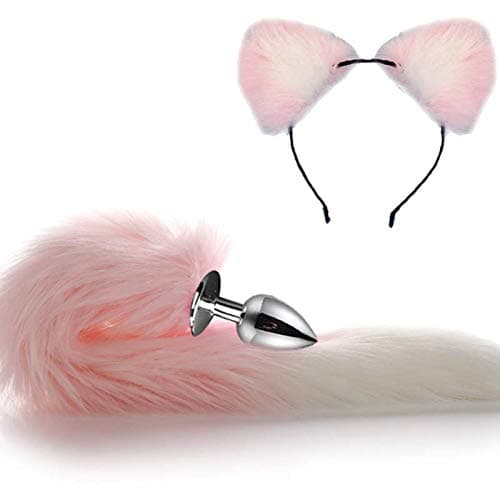 Fox Tail Ear Plug Pink Cat White 6 Styles Stainless Plush Cosplay Dress Lovely Gift for Women Party Costume Halloween Toy (B, Small)