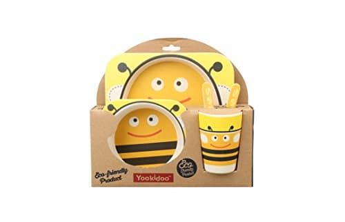 5 PC SET - Super Cute Animal Theme Kids Dinnerware Set - Eco-Friendly Bamboo - BPA Free (Multiple Designs) (Bee)